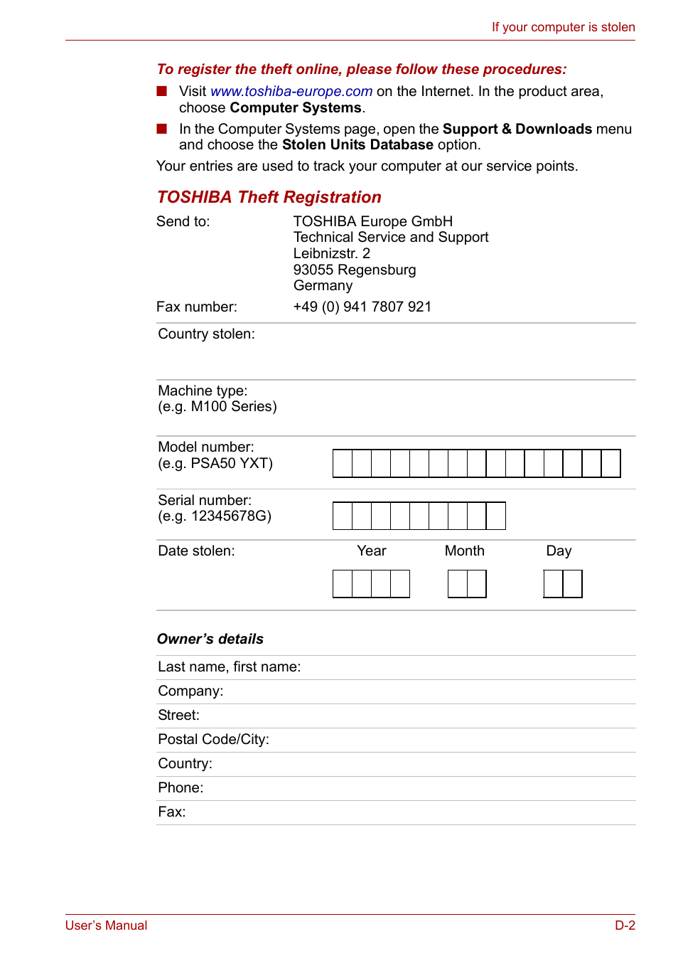 Toshiba theft registration | Toshiba Equium M100 (PSMA8) User Manual | Page 141 / 149