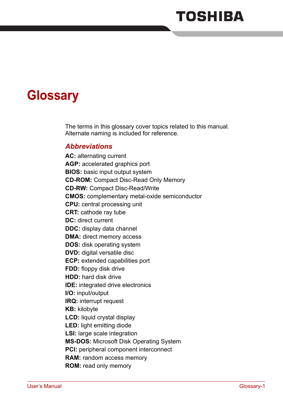 Glossary | Toshiba Equium M100 (PSMA8) User Manual | Page 142 / 149