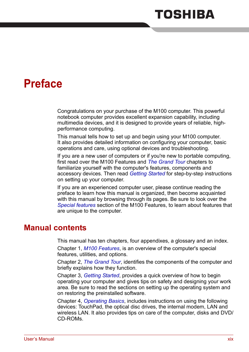 Preface, Manual contents | Toshiba Equium M100 (PSMA8) User Manual | Page 19 / 149