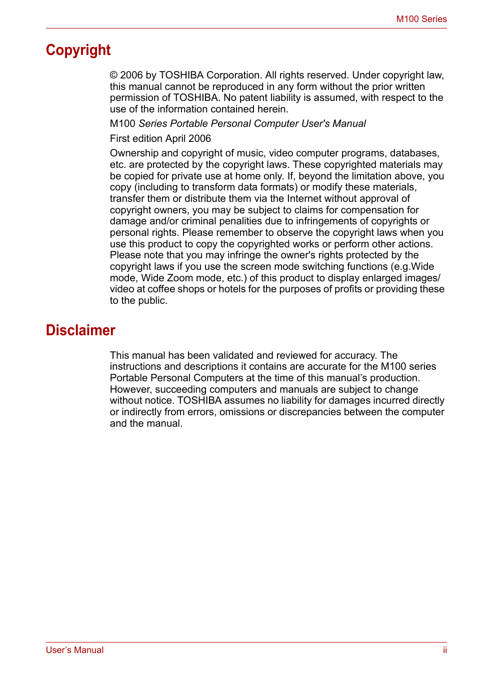 Copyright, Disclaimer | Toshiba Equium M100 (PSMA8) User Manual | Page 2 / 149