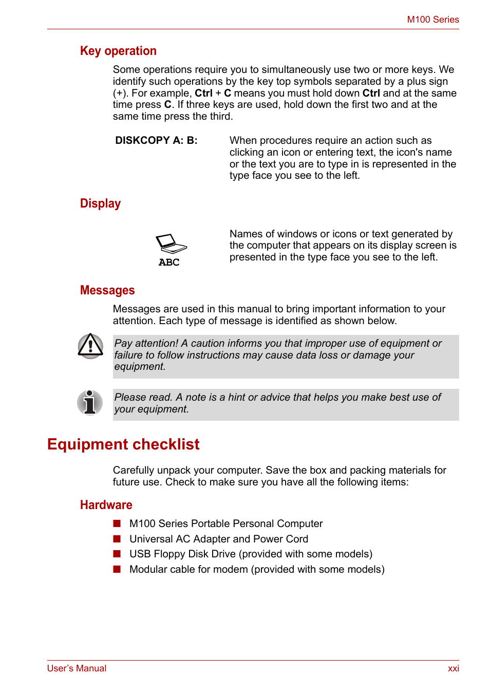 Equipment checklist | Toshiba Equium M100 (PSMA8) User Manual | Page 21 / 149