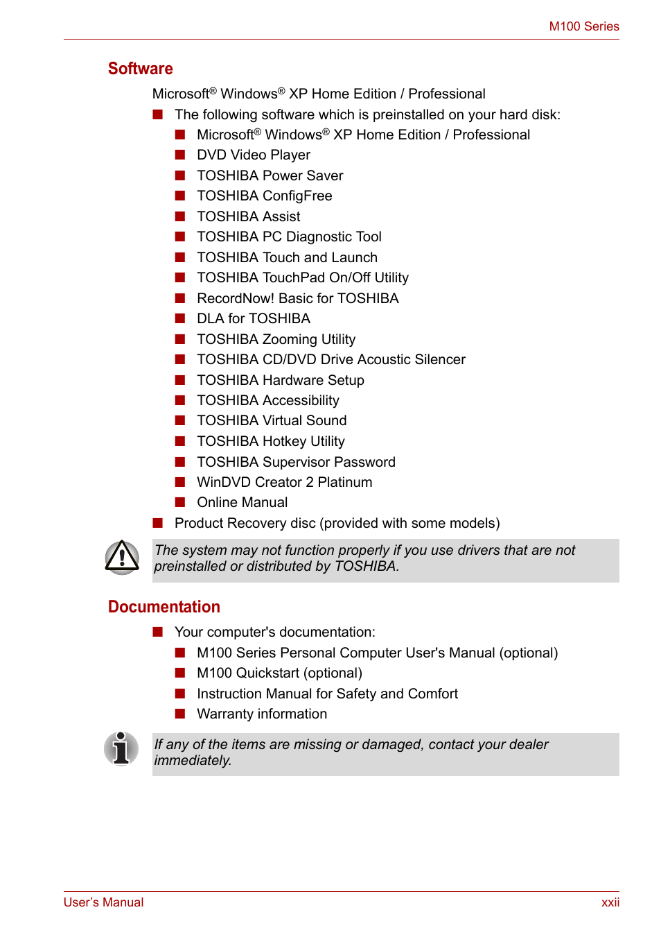 Software, Documentation | Toshiba Equium M100 (PSMA8) User Manual | Page 22 / 149