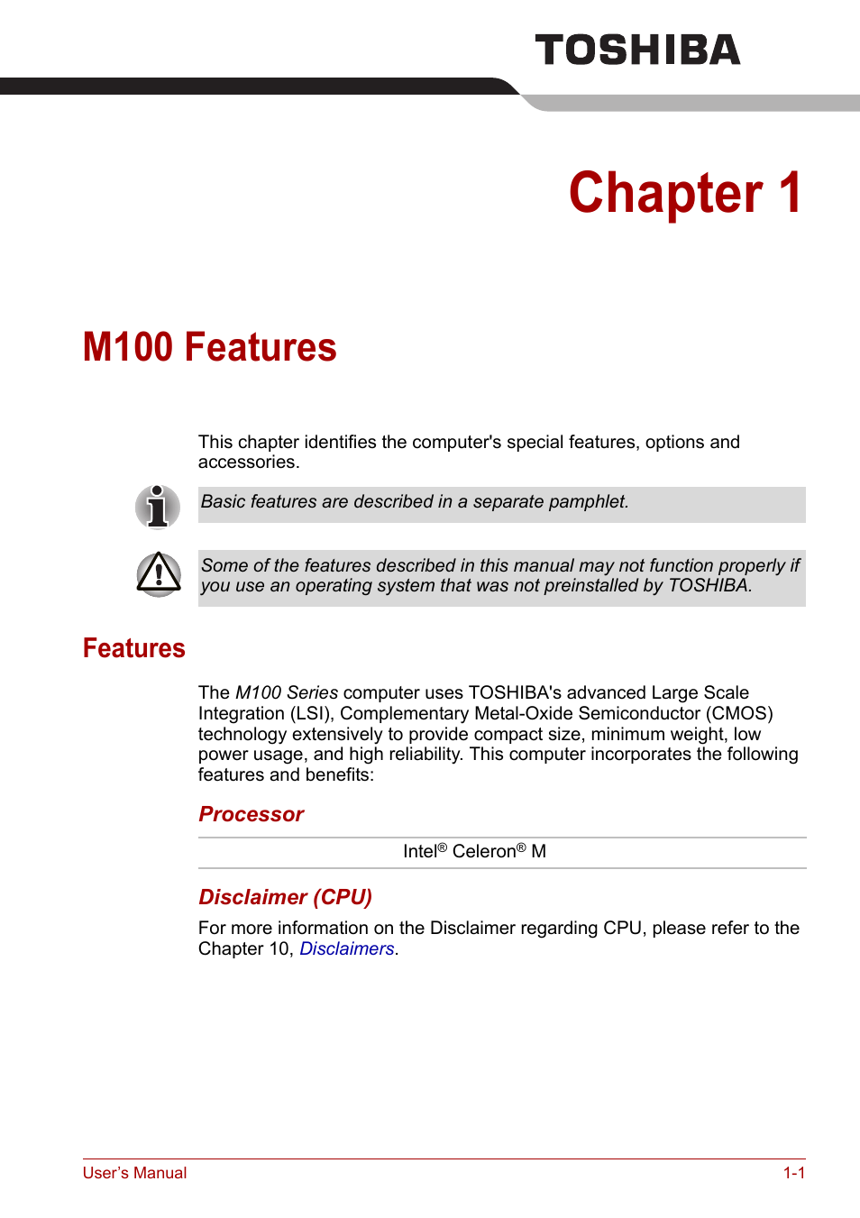 Chapter 1: m100 features, Features, Chapter 1 | M100 features, Features -1 | Toshiba Equium M100 (PSMA8) User Manual | Page 23 / 149