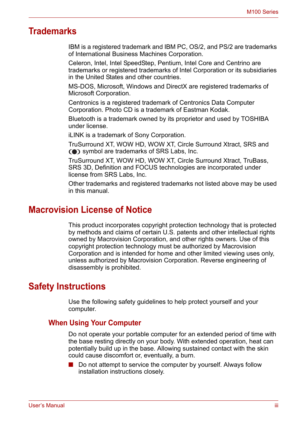 Trademarks, Macrovision license of notice, Safety instructions | Toshiba Equium M100 (PSMA8) User Manual | Page 3 / 149