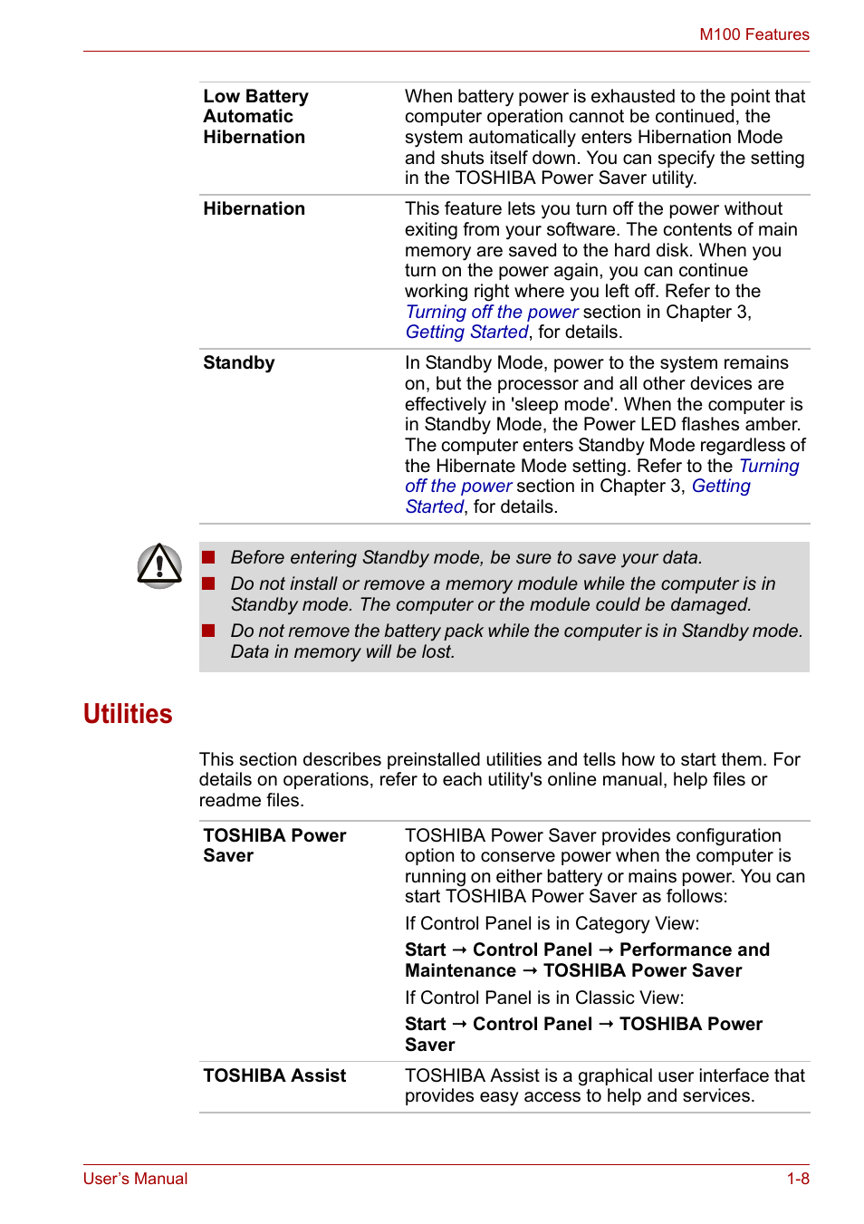 Utilities, Utilities -8 | Toshiba Equium M100 (PSMA8) User Manual | Page 30 / 149