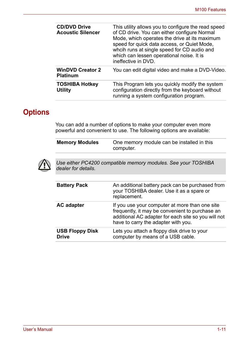 Options, Options -11 | Toshiba Equium M100 (PSMA8) User Manual | Page 33 / 149