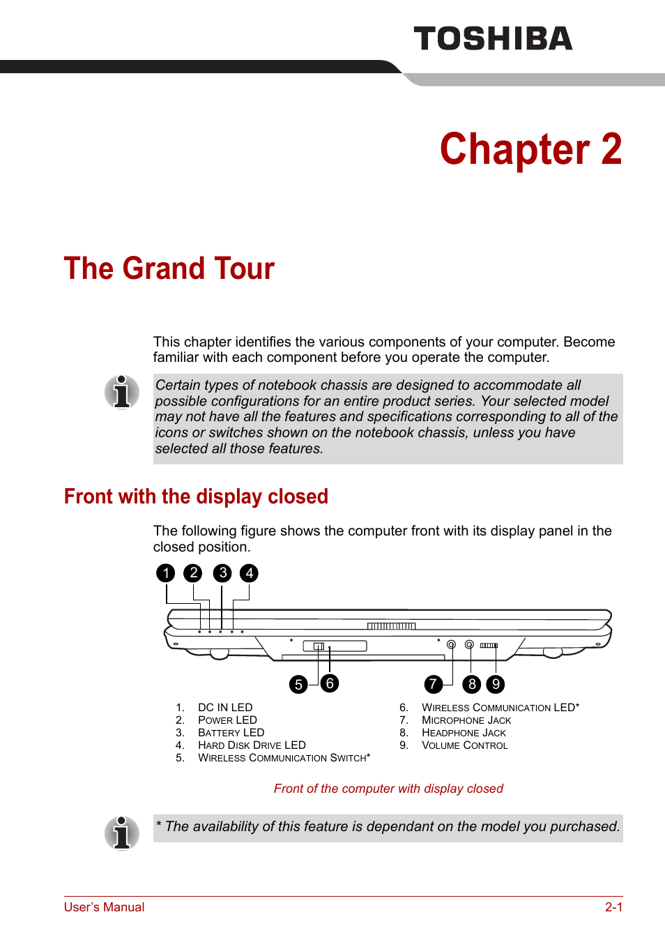 Chapter 2: the grand tour, Front with the display closed, Chapter 2 | The grand tour, Front with the display closed -1, E grand tour, Chapters to, Ter 2 | Toshiba Equium M100 (PSMA8) User Manual | Page 34 / 149
