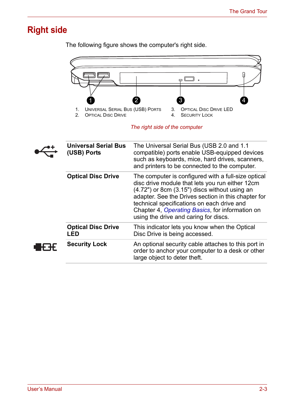 Right side, Right side -3 | Toshiba Equium M100 (PSMA8) User Manual | Page 36 / 149