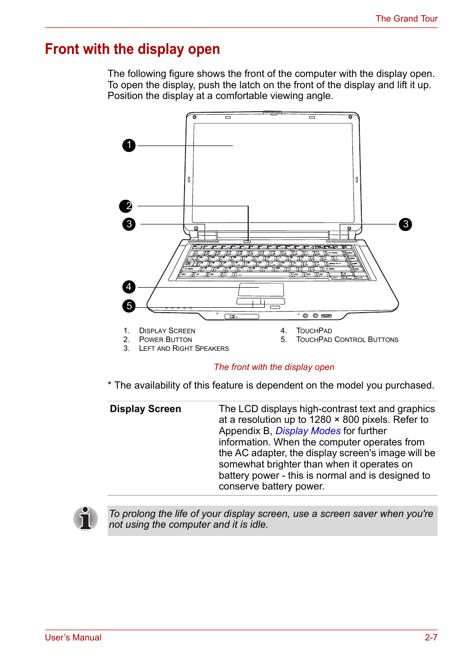 Front with the display open, Front with the display open -7 | Toshiba Equium M100 (PSMA8) User Manual | Page 40 / 149