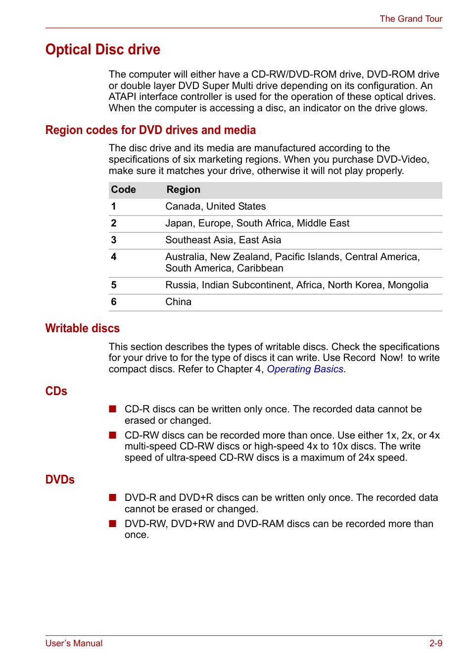 Optical disc drive, Optical disc drive -9, Region codes for dvd drives and media | Writable discs, Dvds | Toshiba Equium M100 (PSMA8) User Manual | Page 42 / 149