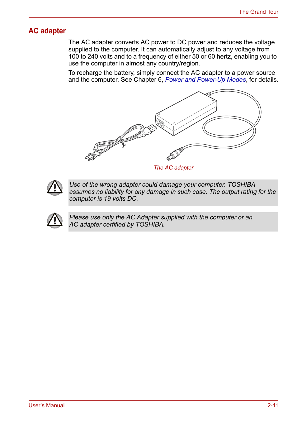 Ac adapter | Toshiba Equium M100 (PSMA8) User Manual | Page 44 / 149