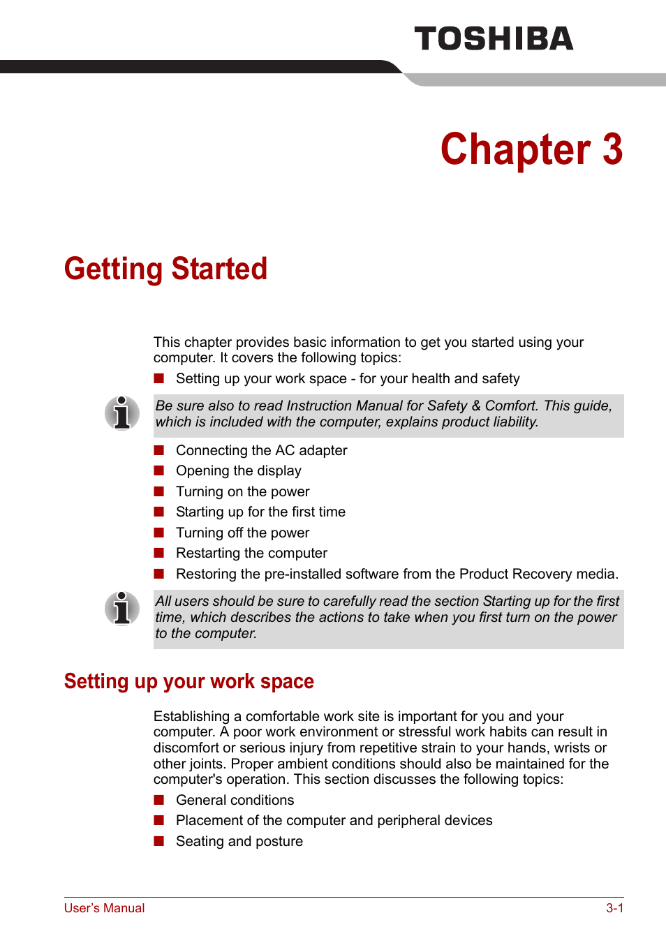 Chapter 3: getting started, Setting up your work space, Chapter 3 | Setting up your work space -1, Getting started, Provi, Getting, Started | Toshiba Equium M100 (PSMA8) User Manual | Page 45 / 149