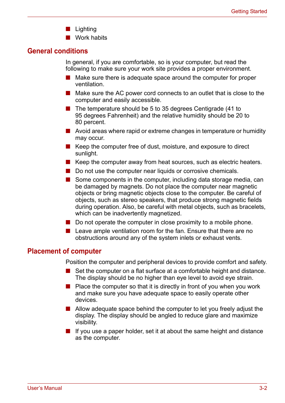 General conditions, Placement of computer | Toshiba Equium M100 (PSMA8) User Manual | Page 46 / 149