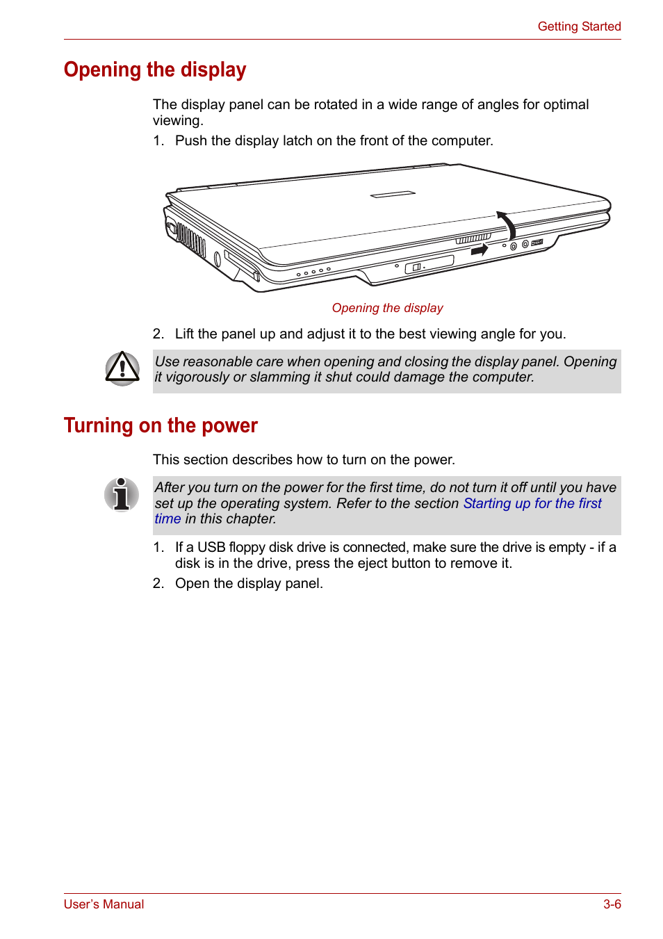 Opening the display, Turning on the power, Opening the display -6 turning on the power -6 | Toshiba Equium M100 (PSMA8) User Manual | Page 50 / 149