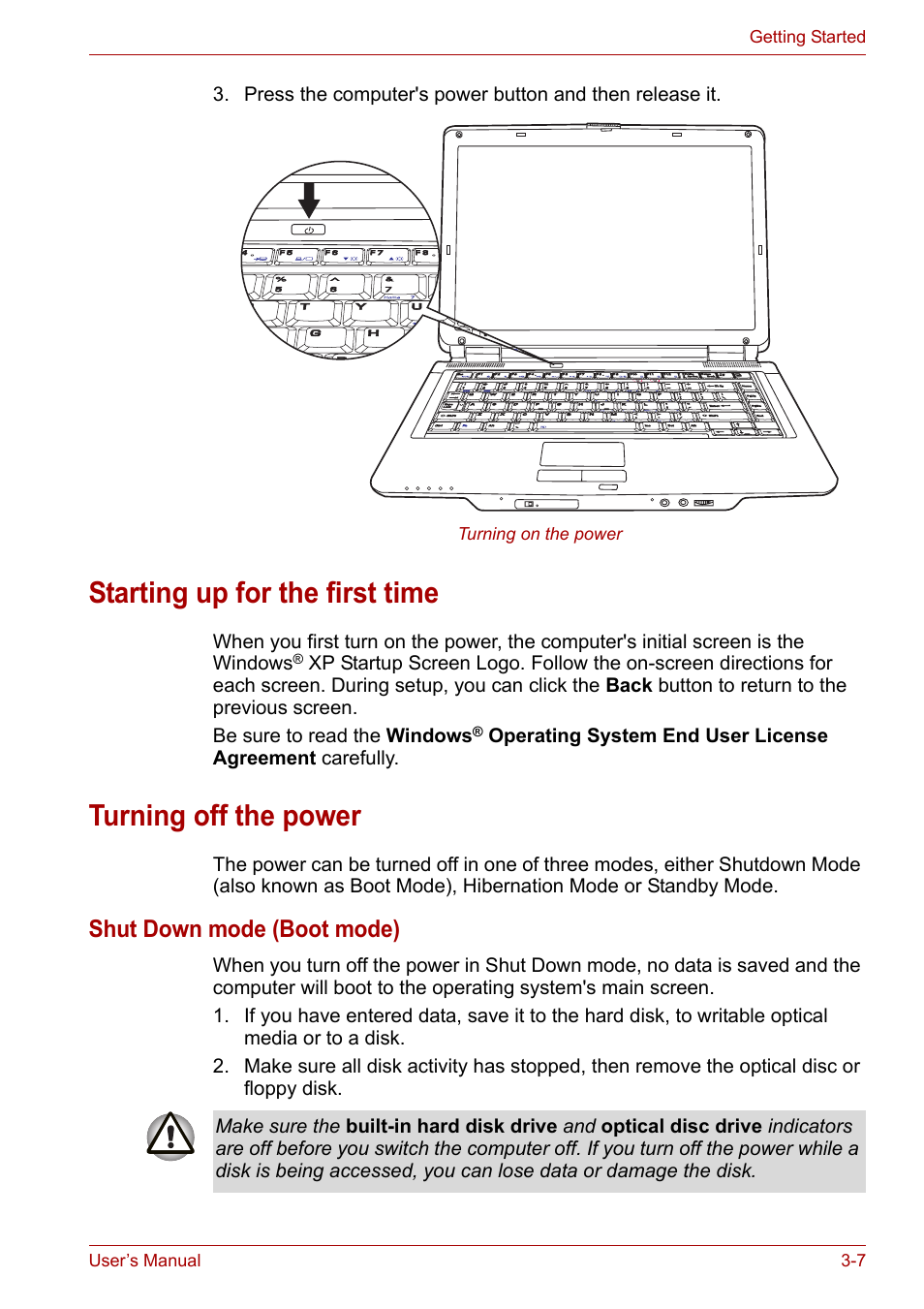 Starting up for the first time, Turning off the power, To the | Turning, Off the power, Section, Starting up for the first, Time, In this, Shut down mode (boot mode) | Toshiba Equium M100 (PSMA8) User Manual | Page 51 / 149