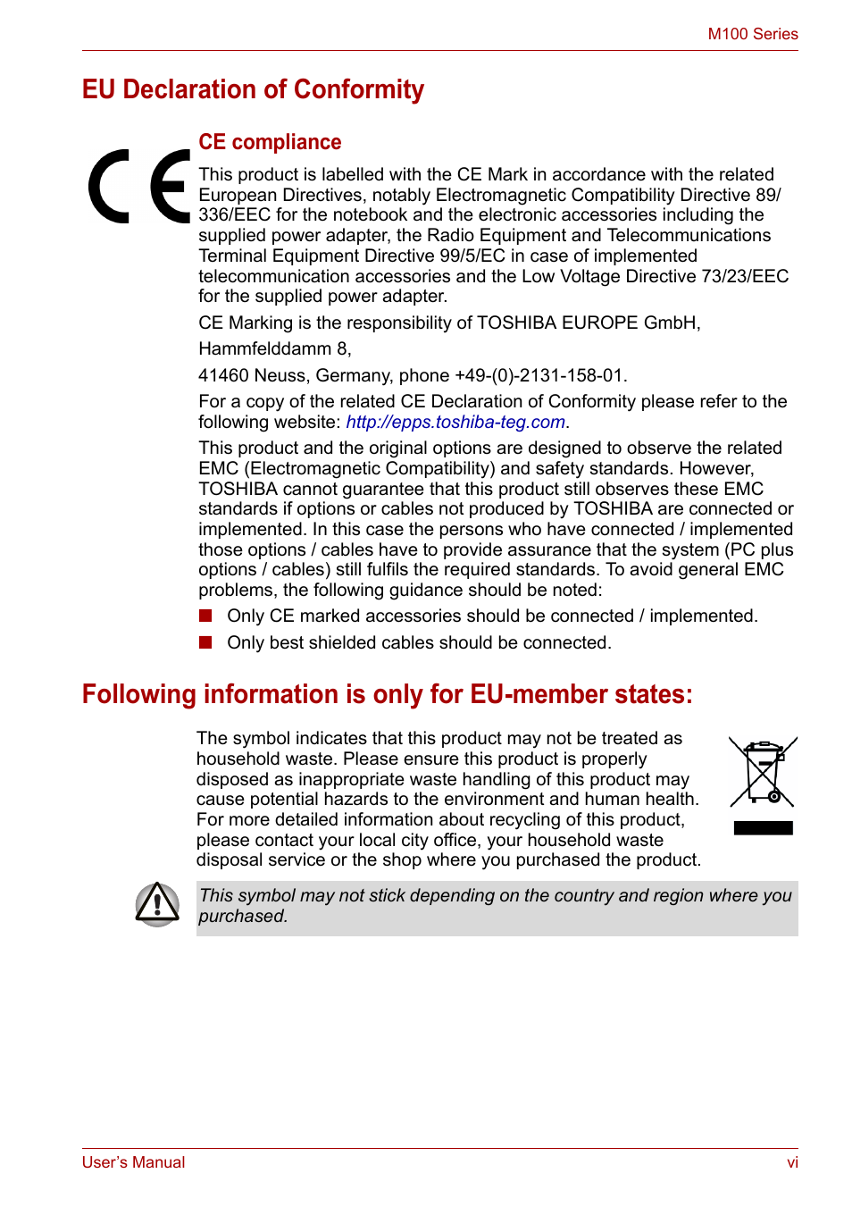 Ce compliance | Toshiba Equium M100 (PSMA8) User Manual | Page 6 / 149