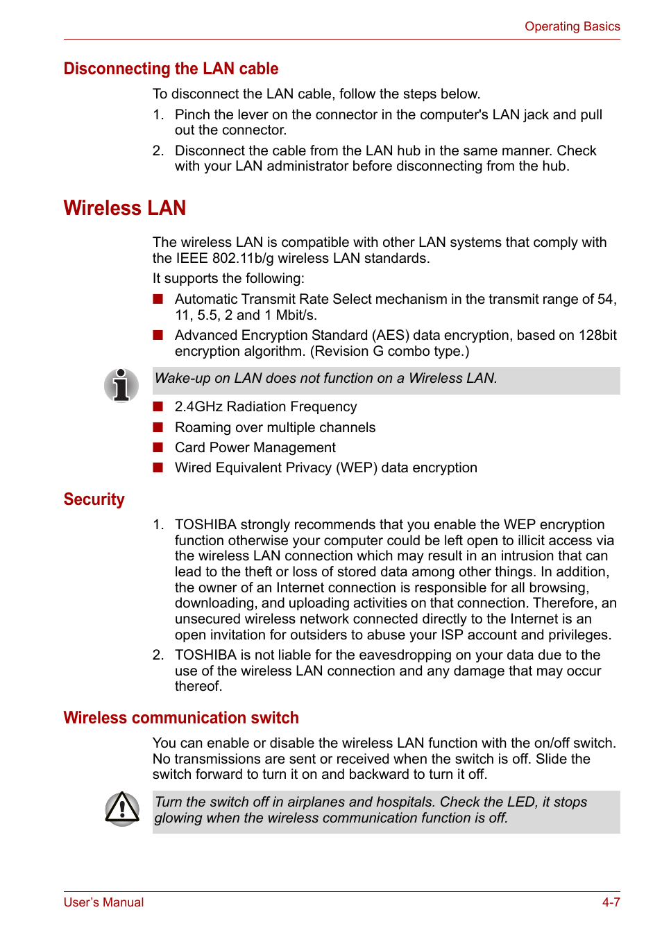 Wireless lan, Wireless lan -7, Disconnecting the lan cable | Security, Wireless communication switch | Toshiba Equium M100 (PSMA8) User Manual | Page 63 / 149
