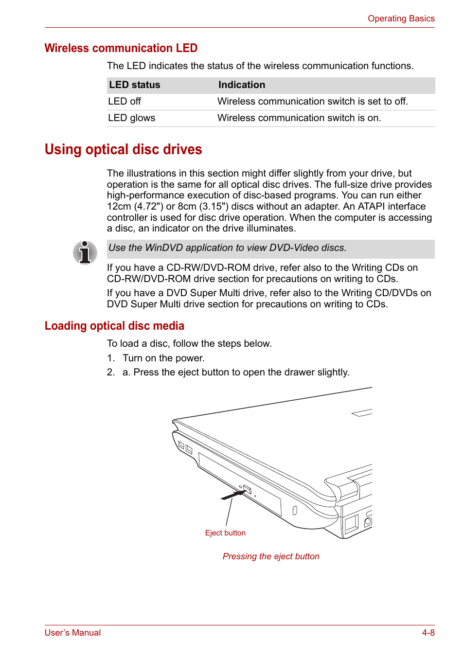 Using optical disc drives, Using optical disc drives -8, Wireless communication led | Loading optical disc media | Toshiba Equium M100 (PSMA8) User Manual | Page 64 / 149