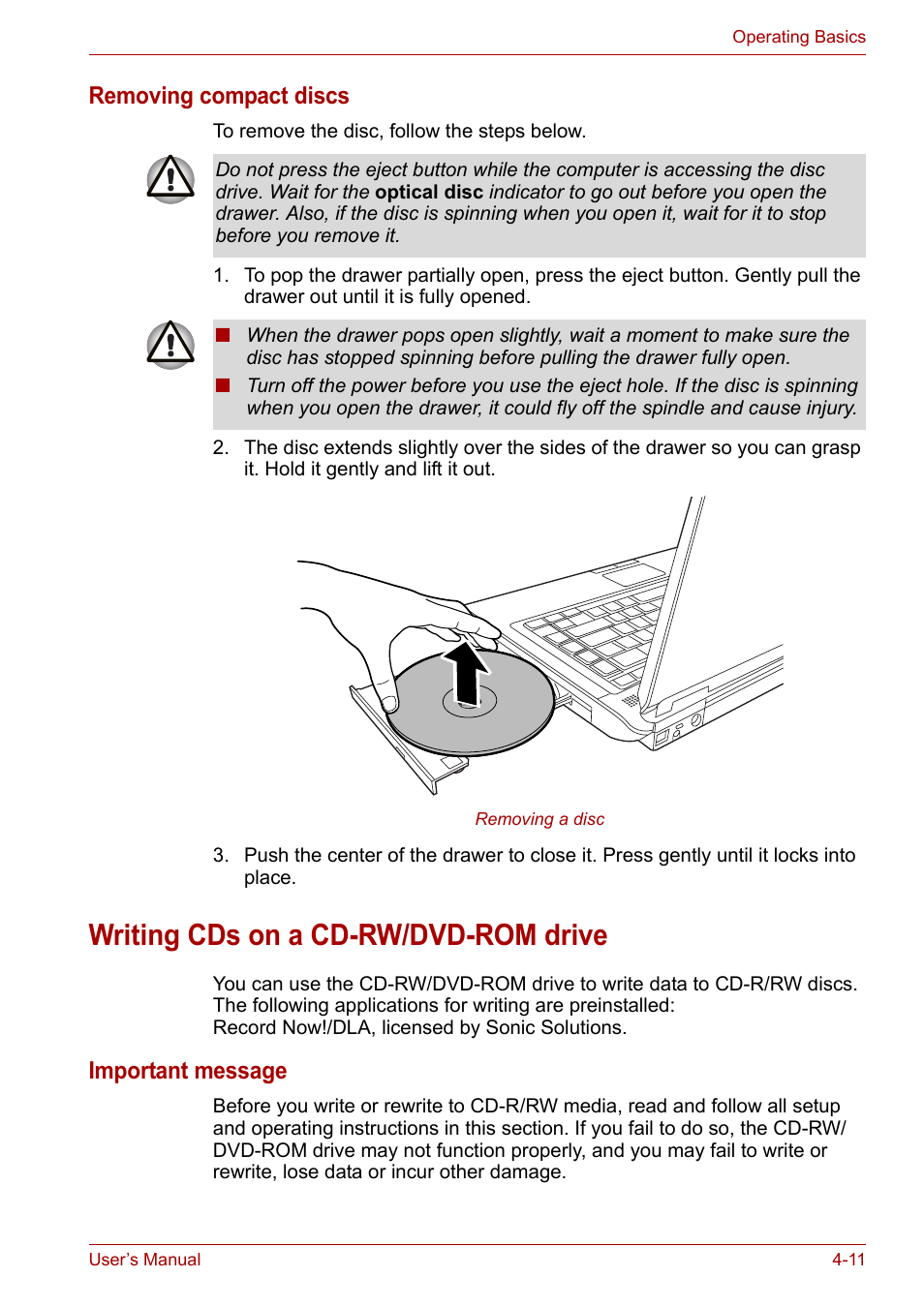 Writing cds on a cd-rw/dvd-rom drive, Writing cds on a cd-rw/dvd-rom drive -11, Removing compact discs | Important message | Toshiba Equium M100 (PSMA8) User Manual | Page 67 / 149