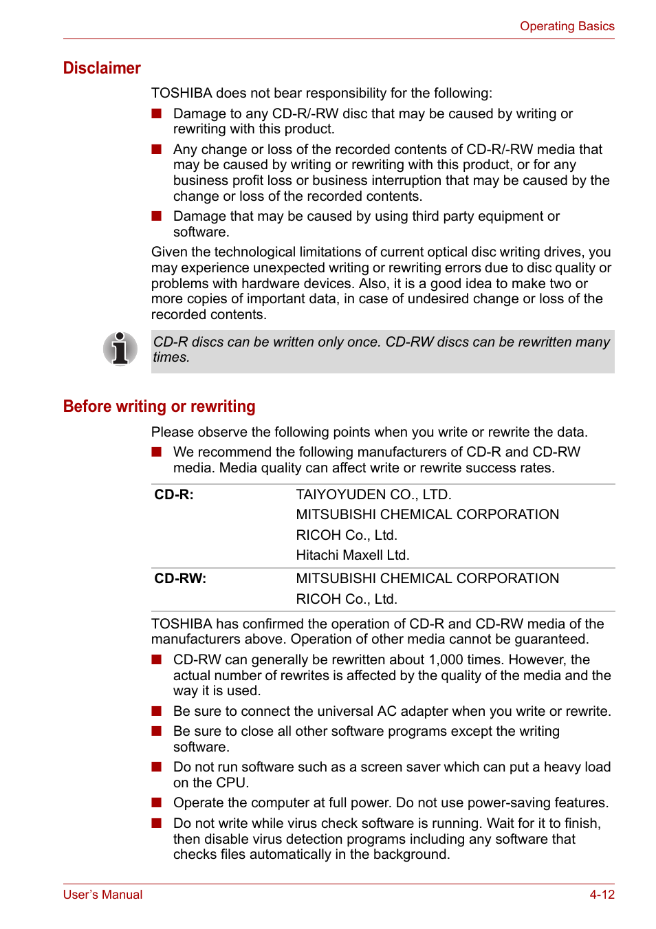 Disclaimer, Before writing or rewriting | Toshiba Equium M100 (PSMA8) User Manual | Page 68 / 149