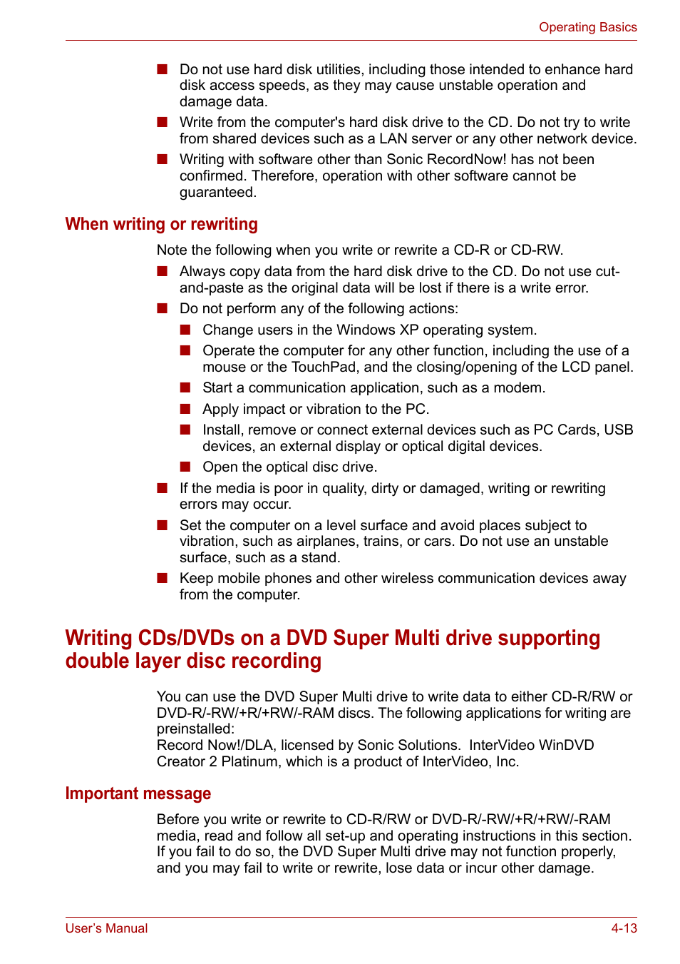 When writing or rewriting, Important message | Toshiba Equium M100 (PSMA8) User Manual | Page 69 / 149