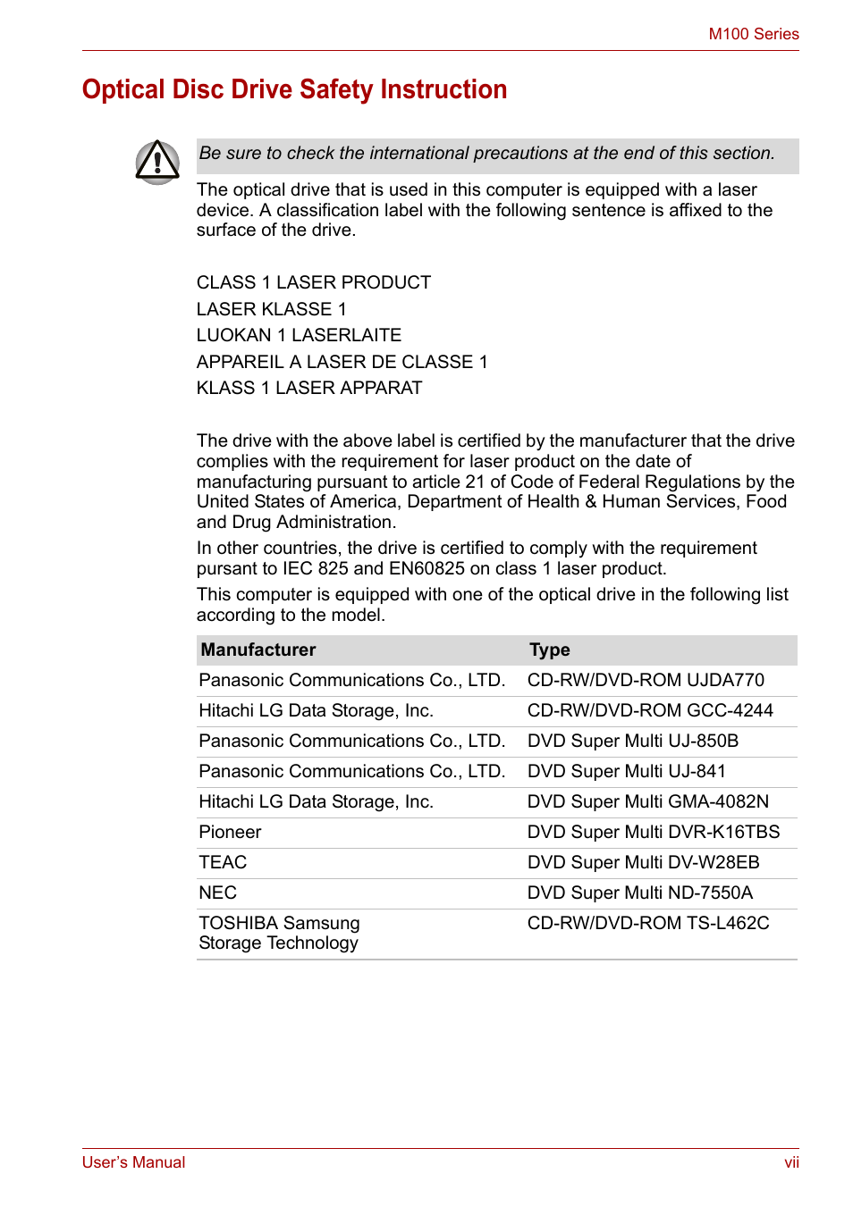 Optical disc drive safety instruction | Toshiba Equium M100 (PSMA8) User Manual | Page 7 / 149