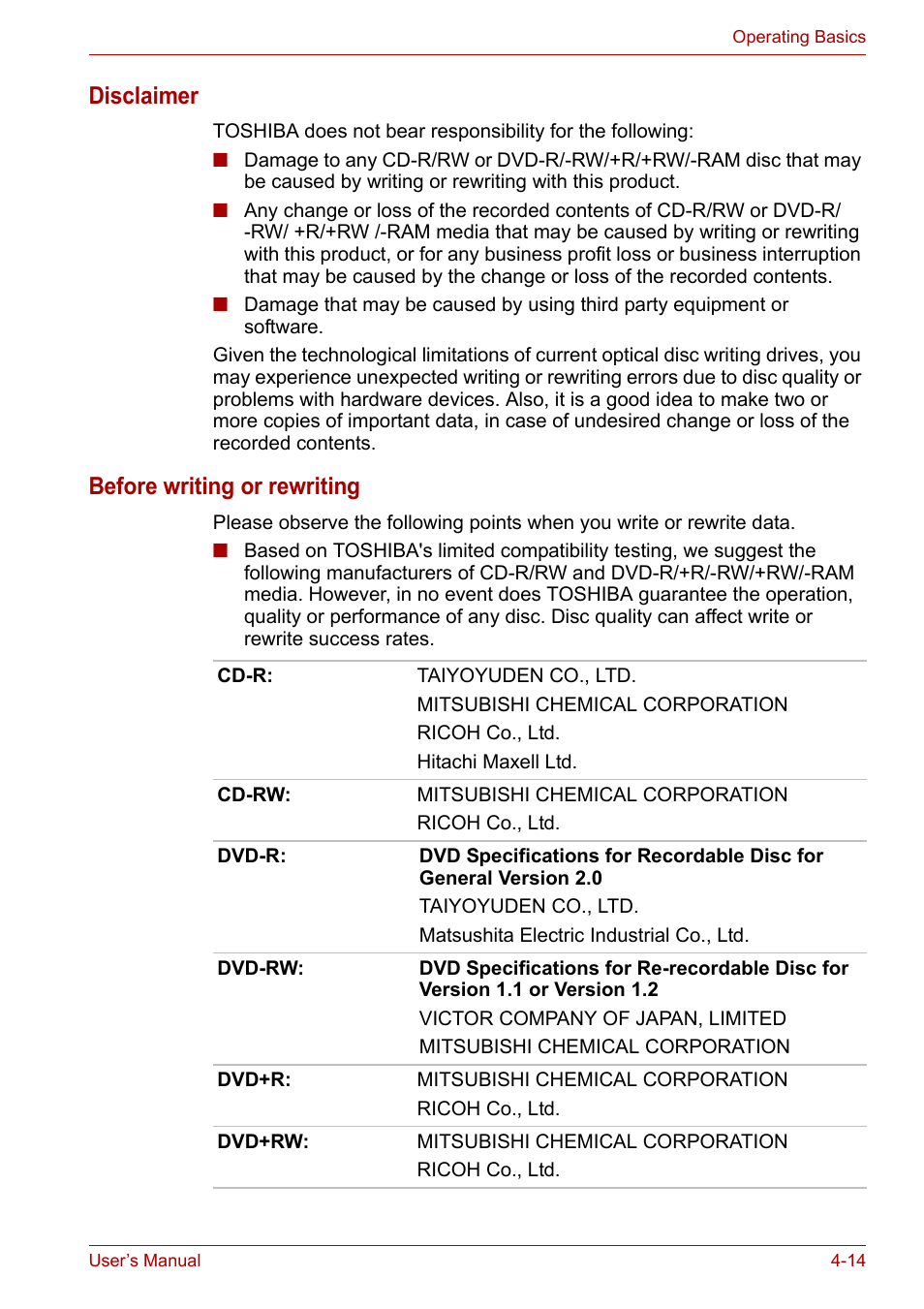 Disclaimer, Before writing or rewriting | Toshiba Equium M100 (PSMA8) User Manual | Page 70 / 149