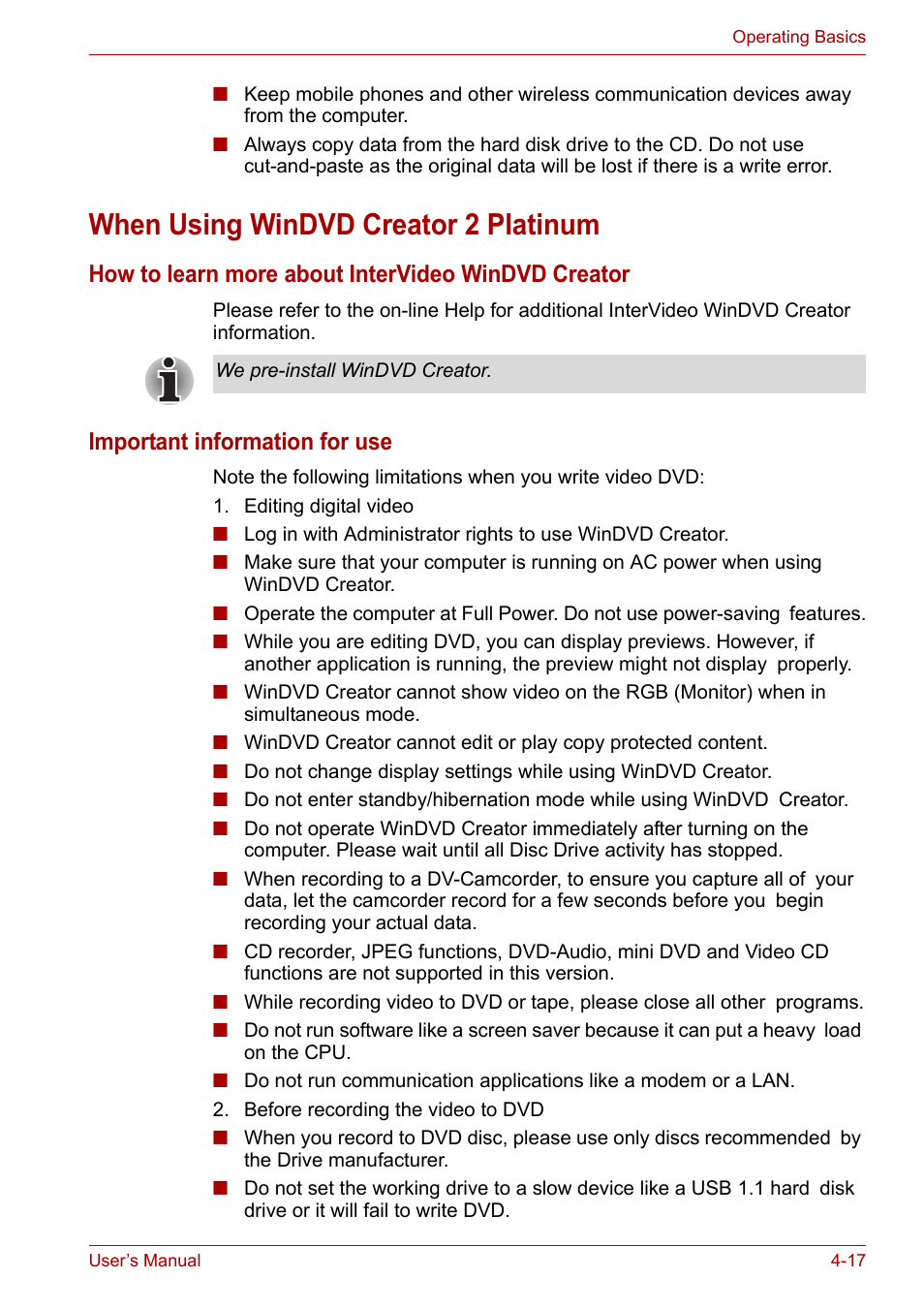 When using windvd creator 2 platinum, When using windvd creator 2 platinum -17, How to learn more about intervideo windvd creator | Important information for use | Toshiba Equium M100 (PSMA8) User Manual | Page 73 / 149