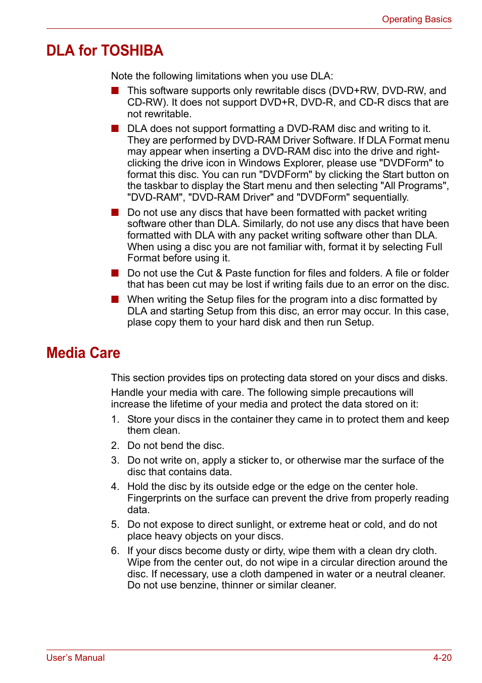 Dla for toshiba, Media care, Dla for toshiba -20 media care -20 | Toshiba Equium M100 (PSMA8) User Manual | Page 76 / 149