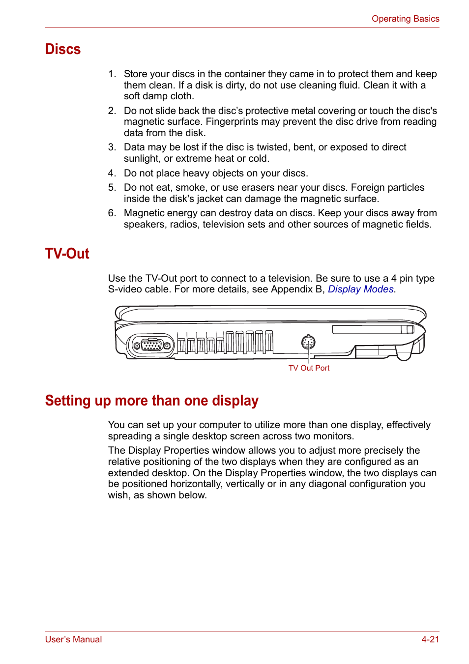 Discs, Tv-out, Setting up more than one display | Toshiba Equium M100 (PSMA8) User Manual | Page 77 / 149