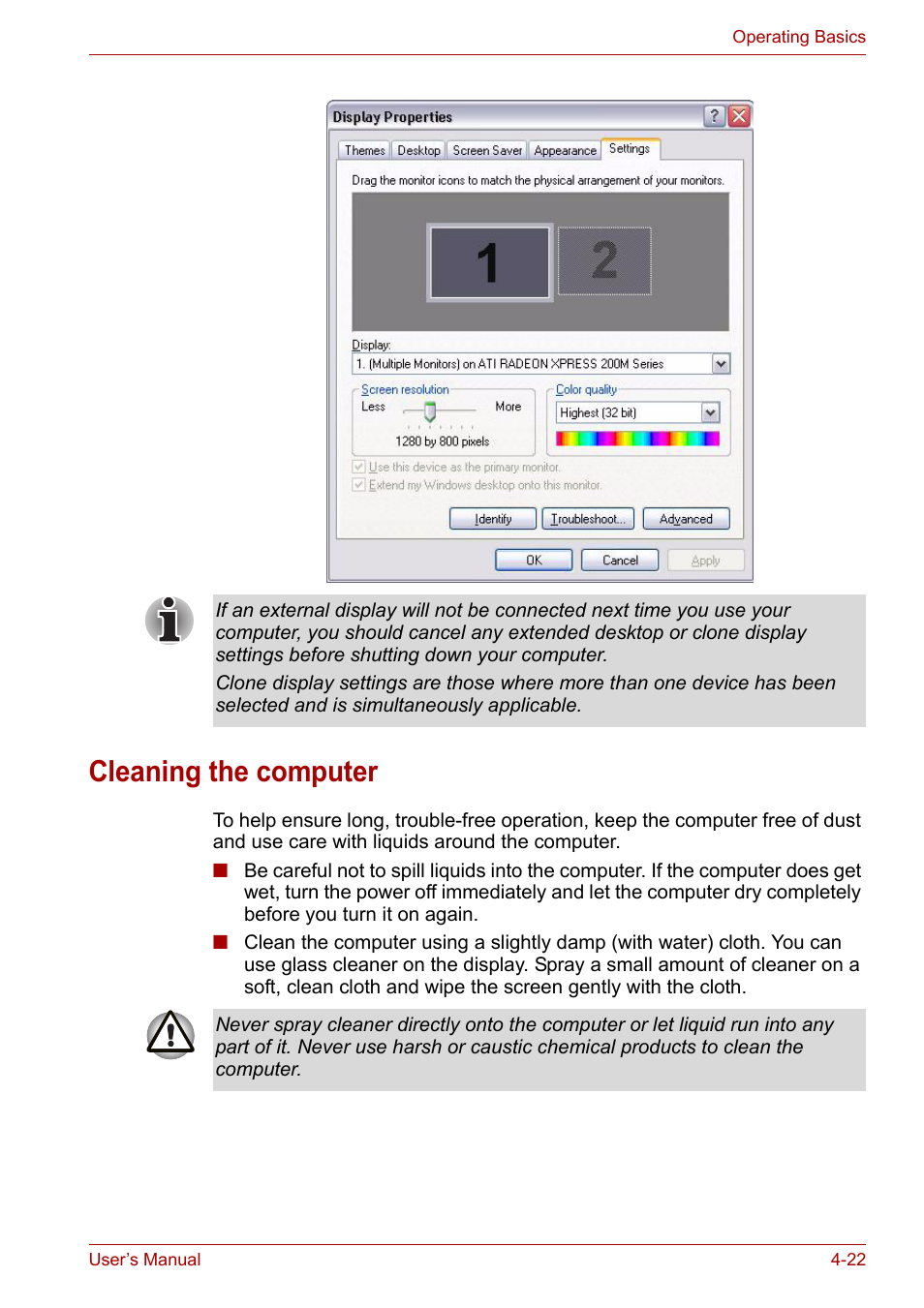 Cleaning the computer, Cleaning the computer -22 | Toshiba Equium M100 (PSMA8) User Manual | Page 78 / 149