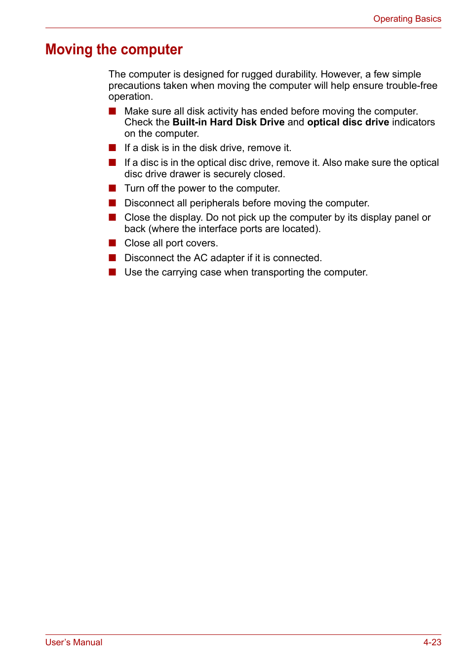 Moving the computer, Moving the computer -23 | Toshiba Equium M100 (PSMA8) User Manual | Page 79 / 149