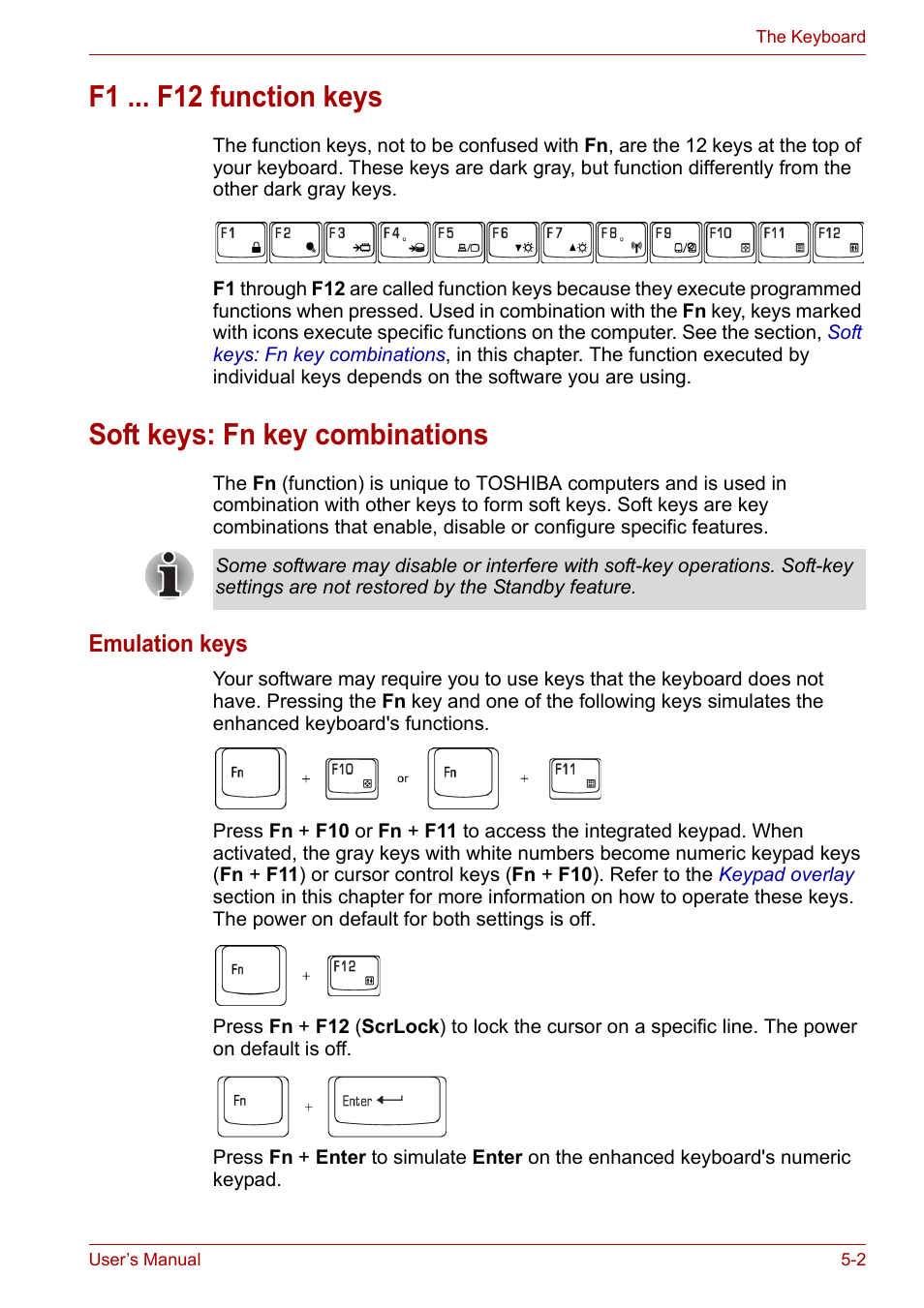 F1 ... f12 function keys, Soft keys: fn key combinations, Emulation keys | Toshiba Equium M100 (PSMA8) User Manual | Page 81 / 149