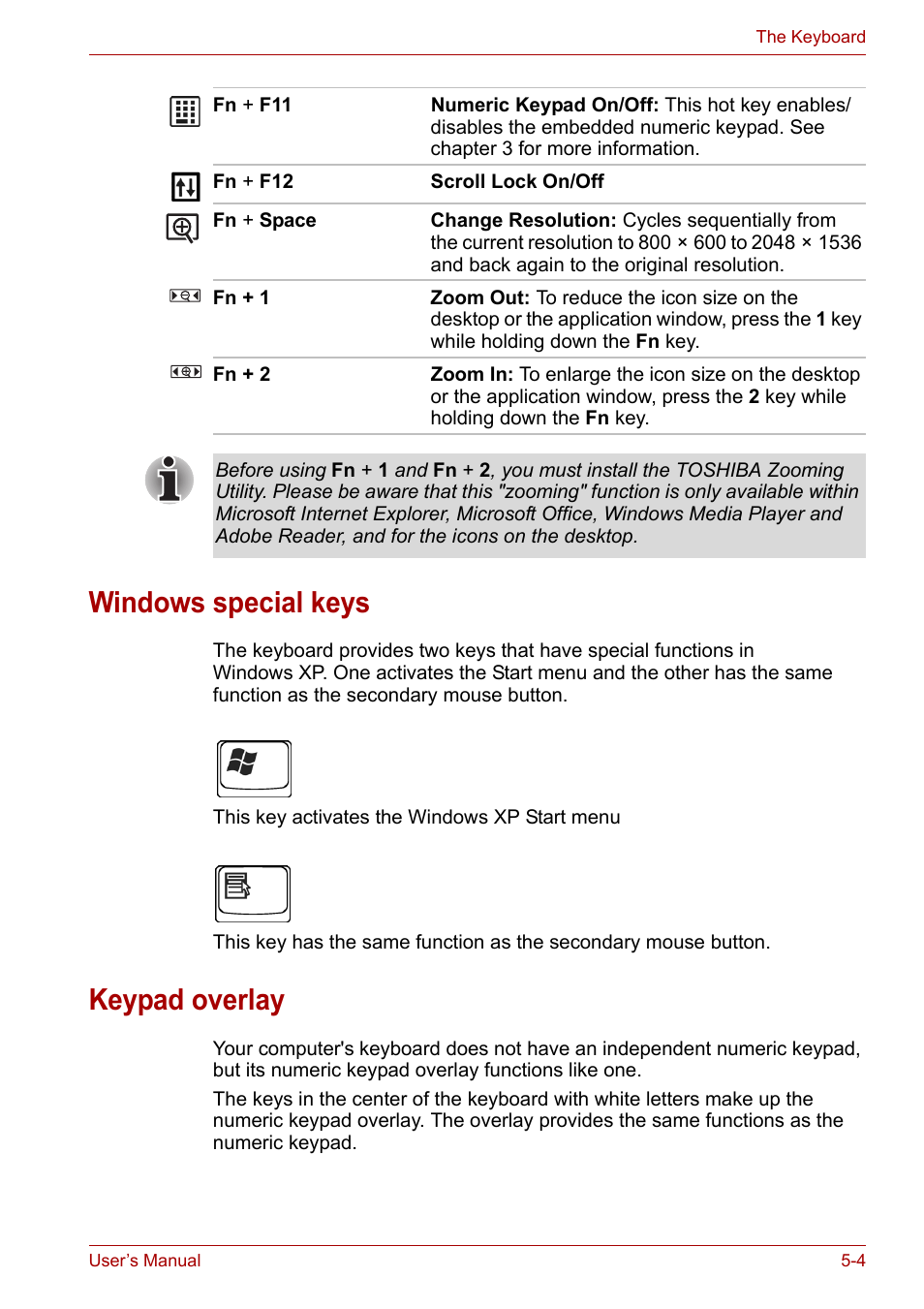 Windows special keys, Keypad overlay, Windows special keys -4 keypad overlay -4 | As cursor keys. refer to the, Keypad, Overlay, Section in chapter | Toshiba Equium M100 (PSMA8) User Manual | Page 83 / 149