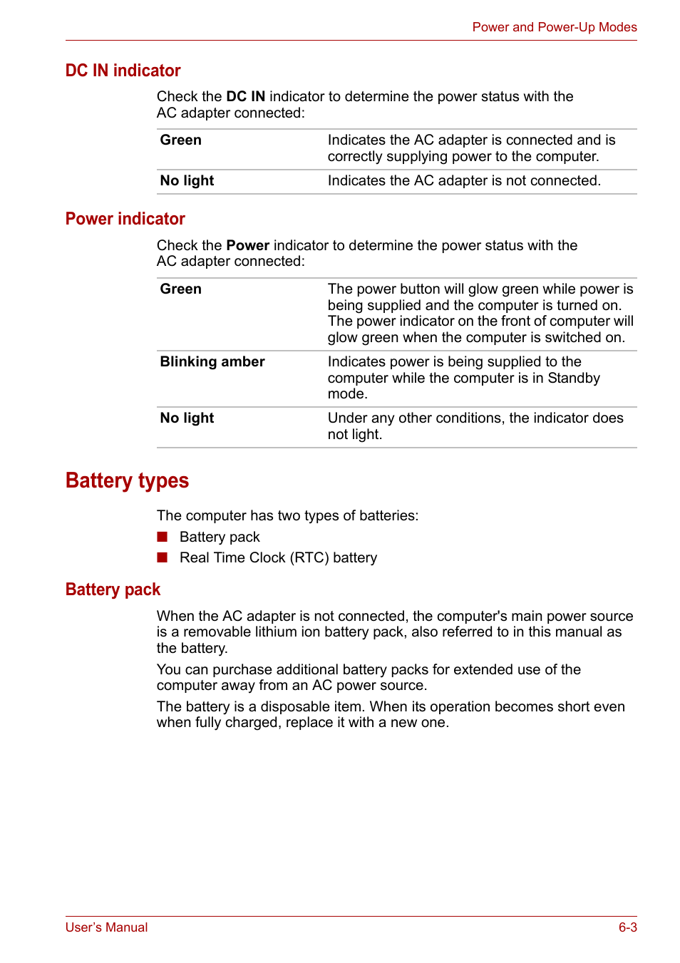 Battery types, Battery types -3, Dc in indicator | Power indicator, Battery pack | Toshiba Equium M100 (PSMA8) User Manual | Page 88 / 149