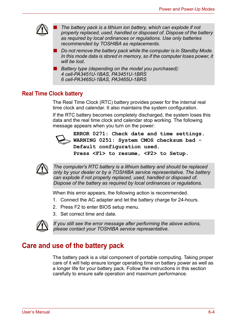 Care and use of the battery pack, Care and use of the battery pack -4, Real time clock battery | Toshiba Equium M100 (PSMA8) User Manual | Page 89 / 149