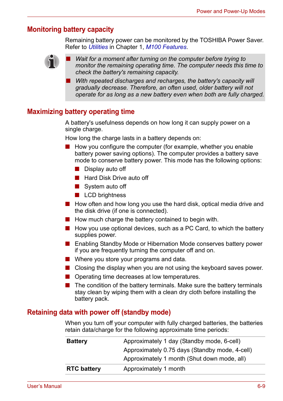 Monitoring battery capacity, Maximizing battery operating time, Retaining data with power off (standby mode) | Toshiba Equium M100 (PSMA8) User Manual | Page 94 / 149