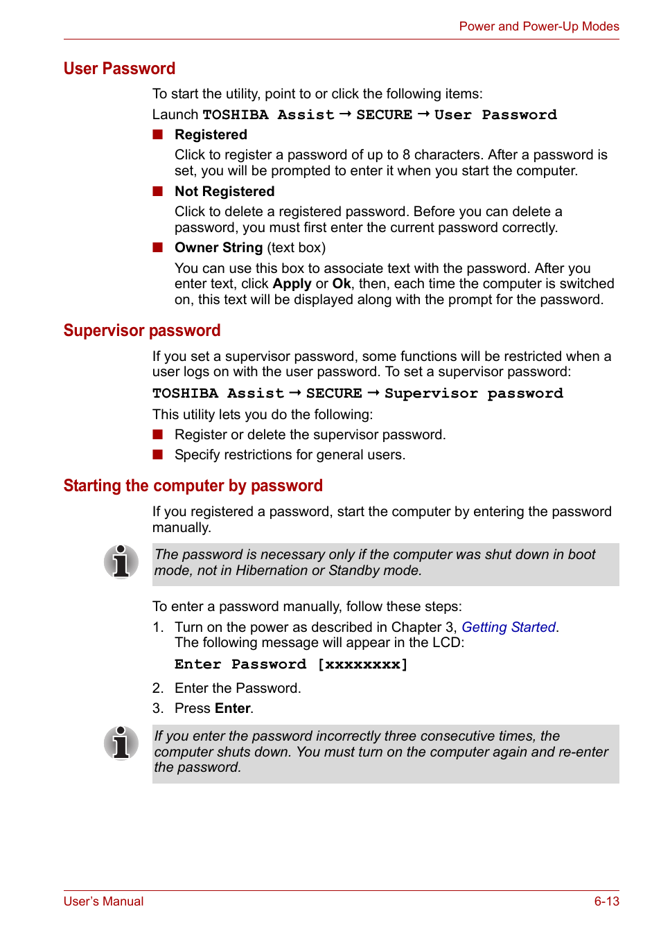 User password, Supervisor password, Starting the computer by password | Toshiba Equium M100 (PSMA8) User Manual | Page 98 / 149