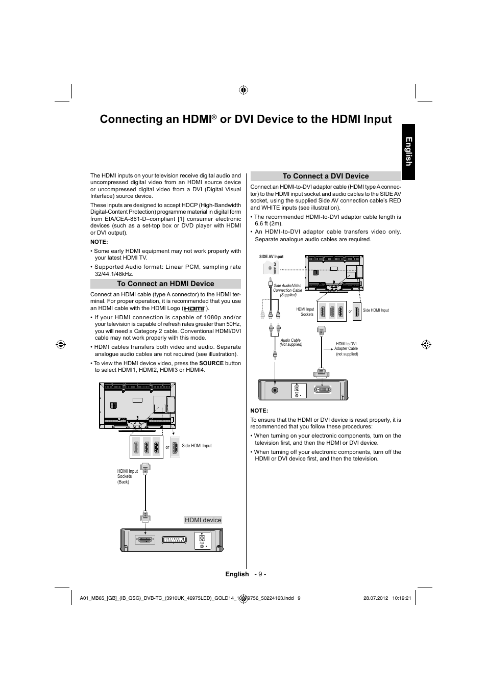 Connecting an hdmi, Or dvi device to the hdmi input, English | Toshiba BL712 User Manual | Page 10 / 33