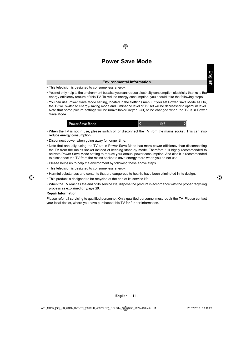 Power save mode, English | Toshiba BL712 User Manual | Page 12 / 33