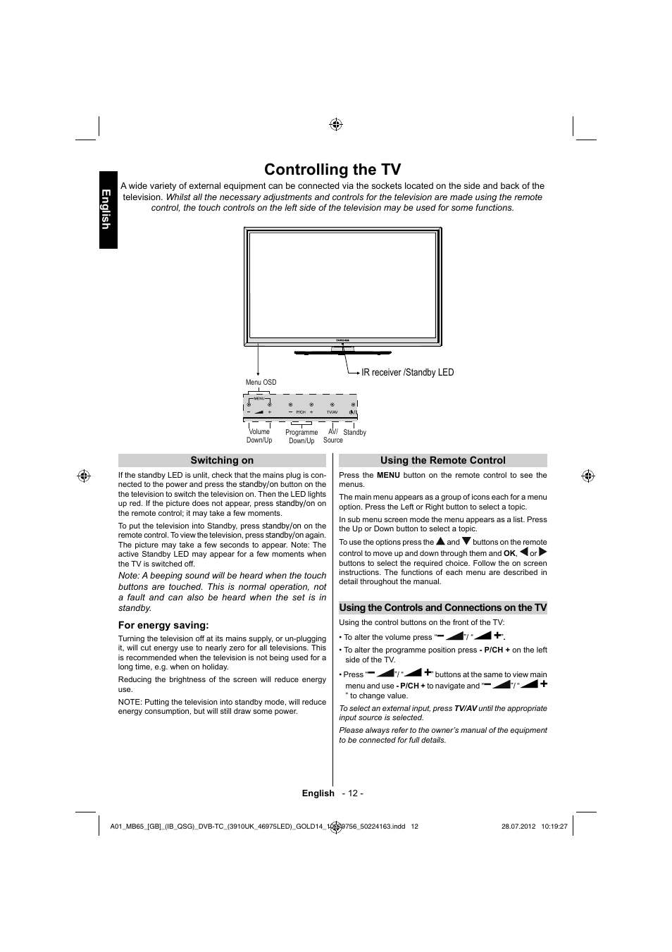 Controlling the tv, English | Toshiba BL712 User Manual | Page 13 / 33