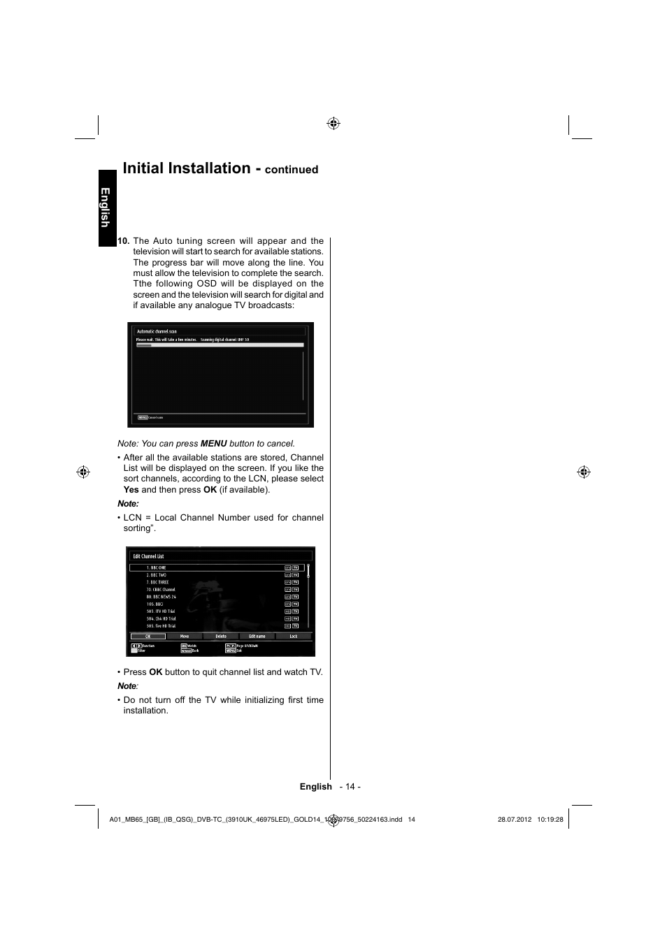 Initial installation, English, Continued | Toshiba BL712 User Manual | Page 15 / 33