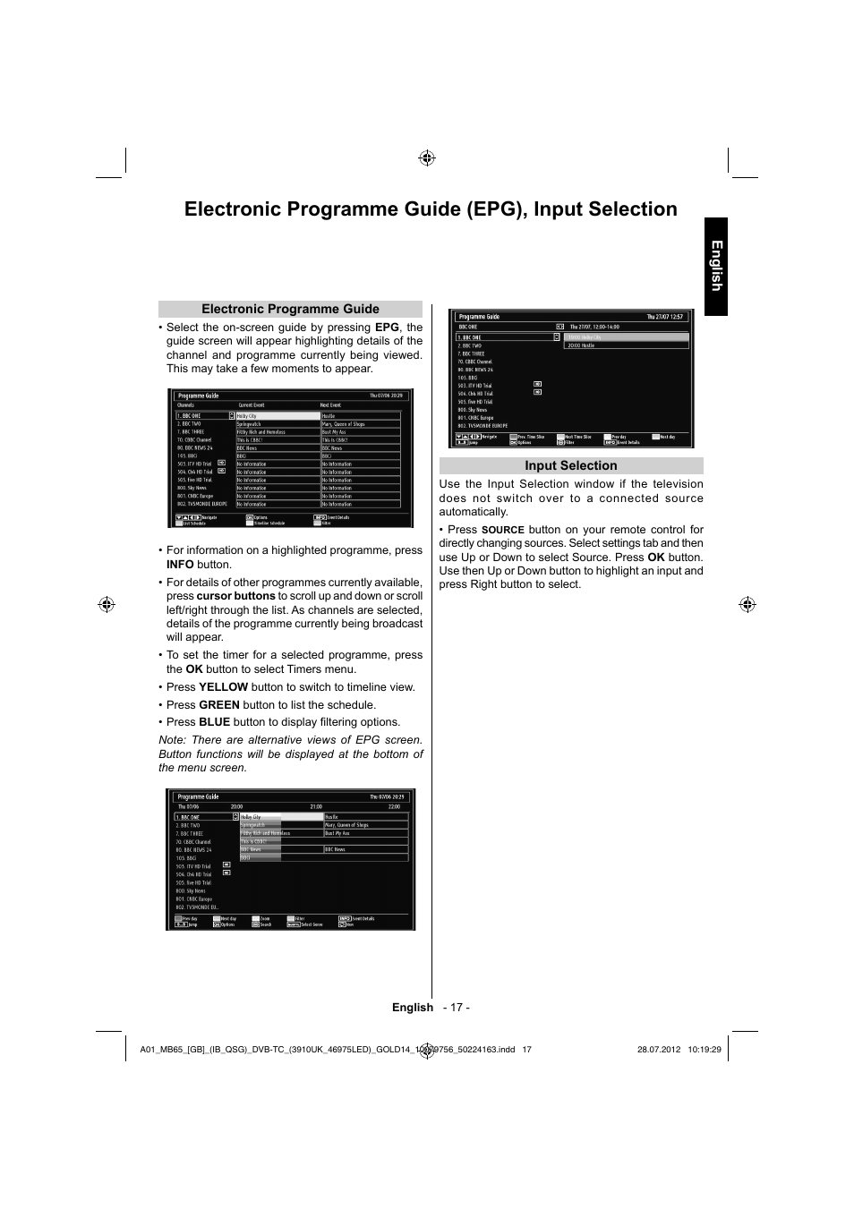 Electronic programme guide (epg), input selection, English | Toshiba BL712 User Manual | Page 18 / 33