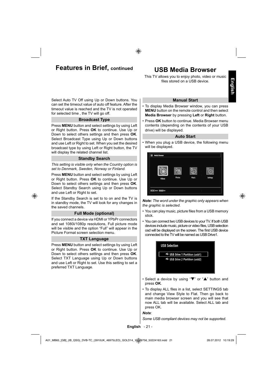 Features in brief, Usb media browser | Toshiba BL712 User Manual | Page 22 / 33