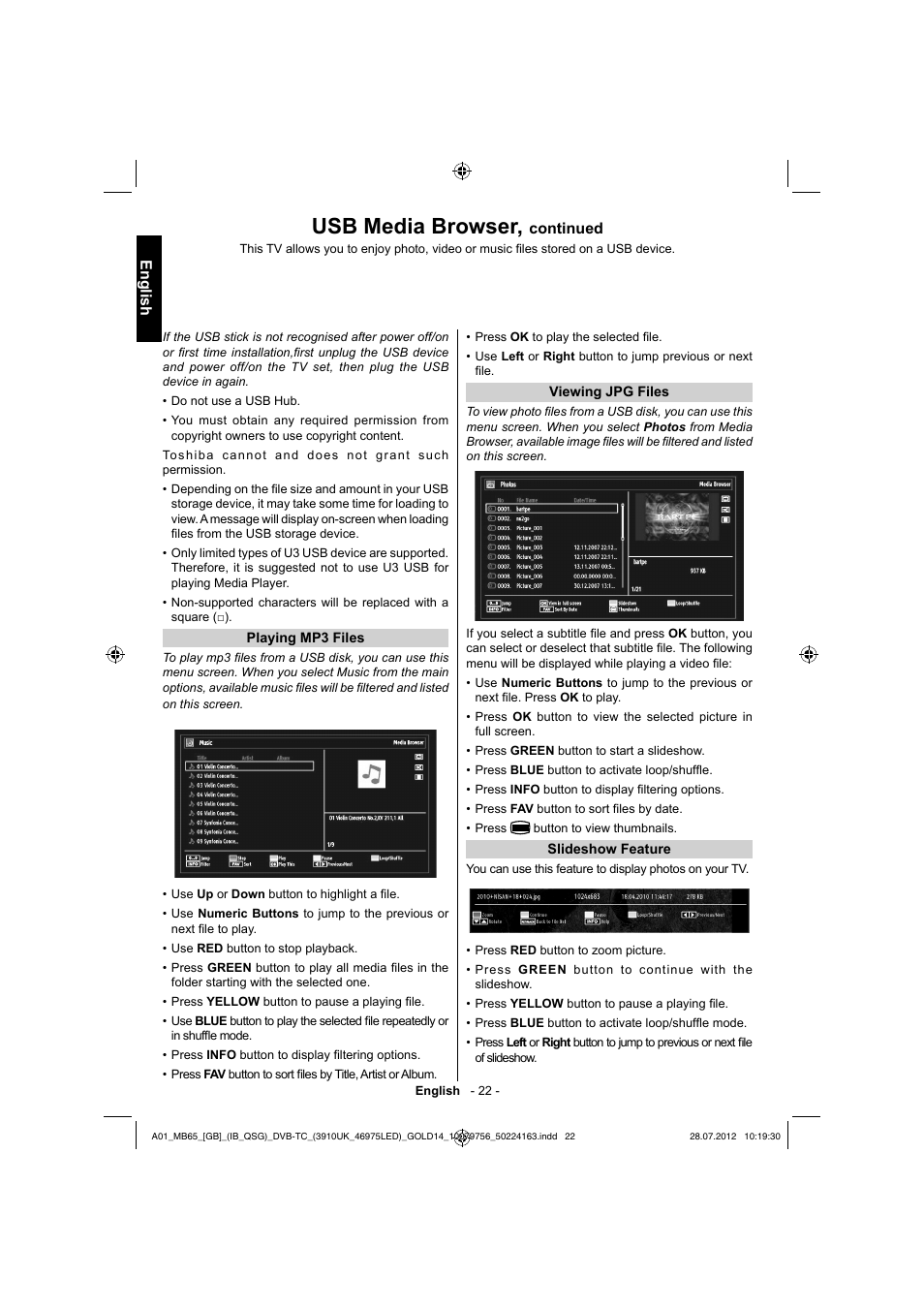 Usb media browser, English, Continued | Toshiba BL712 User Manual | Page 23 / 33