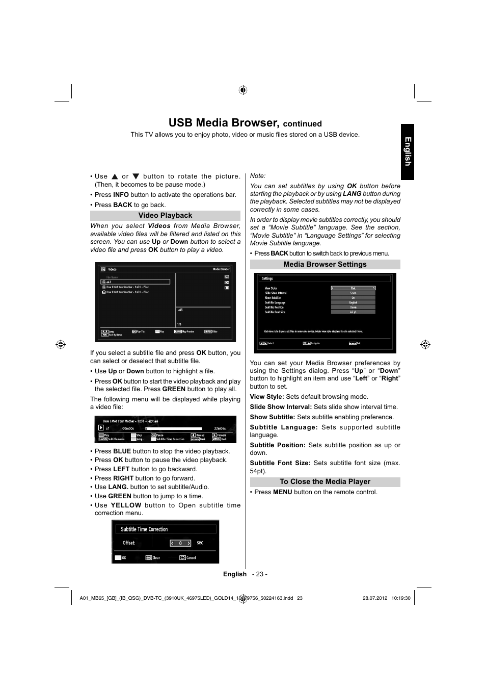 Usb media browser, English, Continued | Toshiba BL712 User Manual | Page 24 / 33