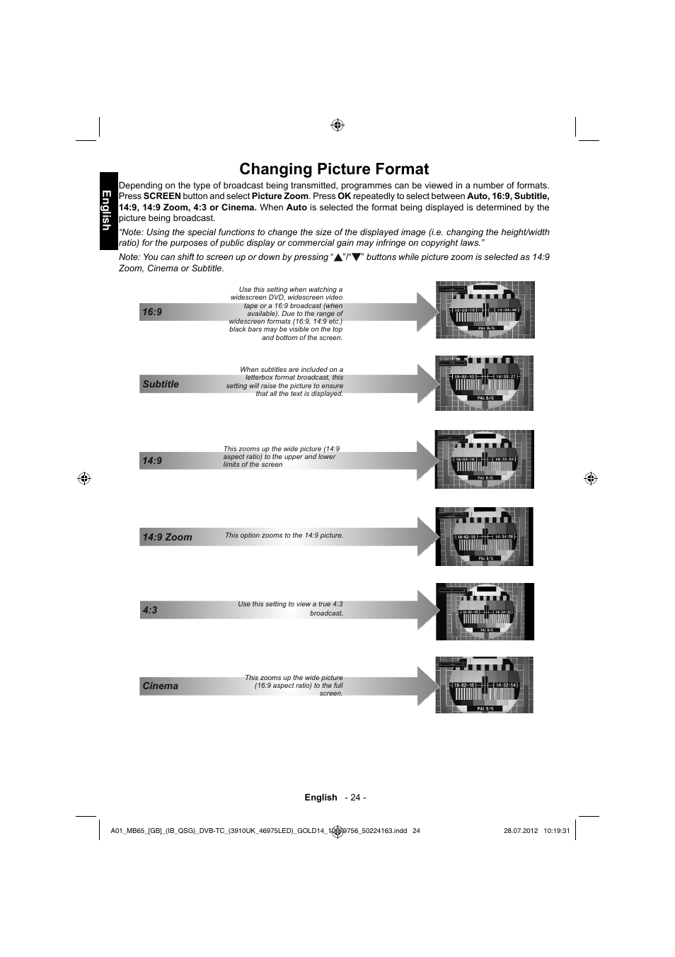 Changing picture format, English | Toshiba BL712 User Manual | Page 25 / 33