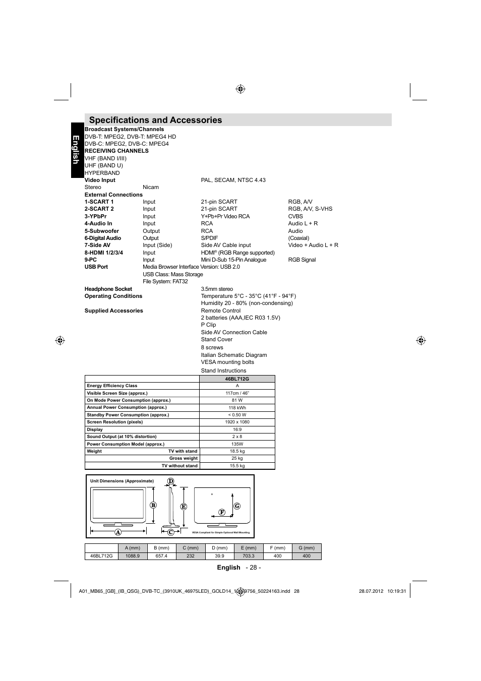 Specifi cations and accessories, English | Toshiba BL712 User Manual | Page 29 / 33