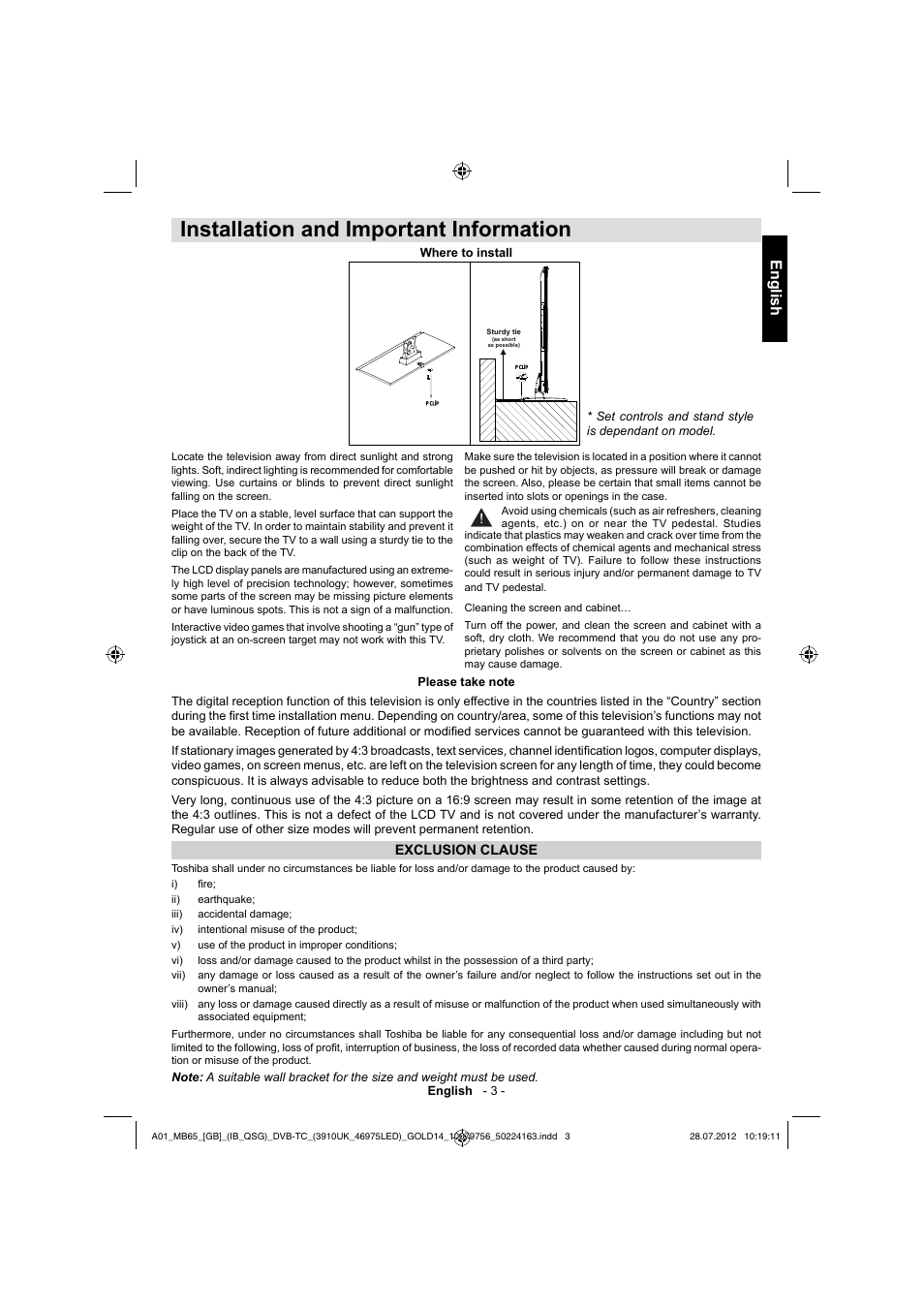 Installation and important information, English | Toshiba BL712 User Manual | Page 4 / 33