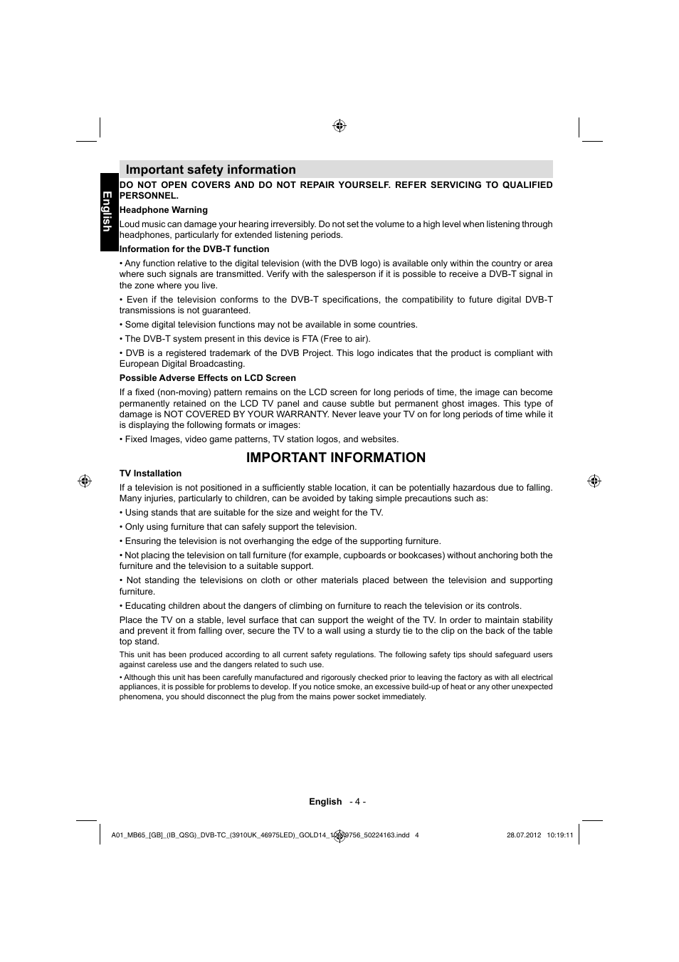 Important information, Important safety information, English | Toshiba BL712 User Manual | Page 5 / 33